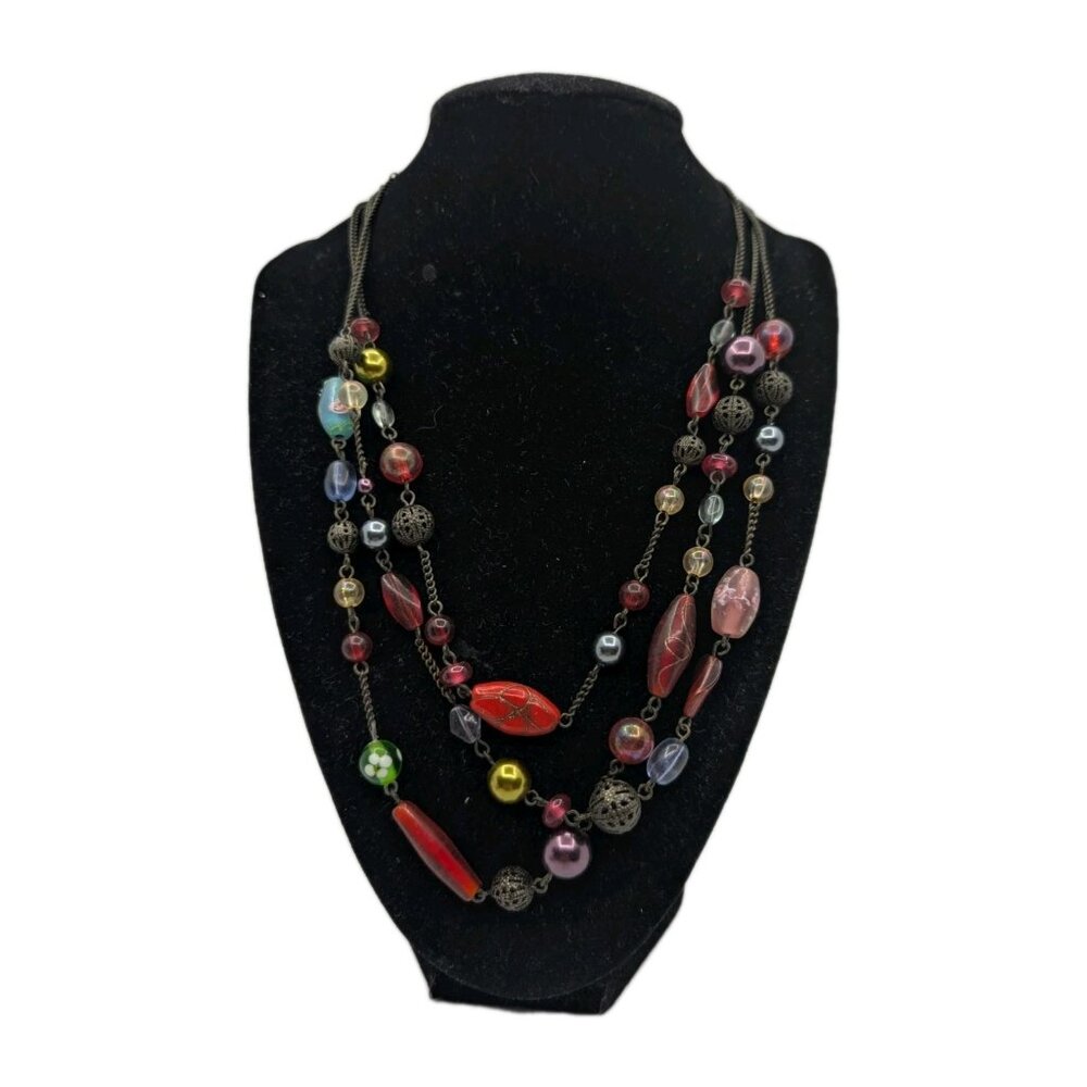 Avon Necklace Filigree metal acrylic braded  Glass Lampwork beads layered 17"